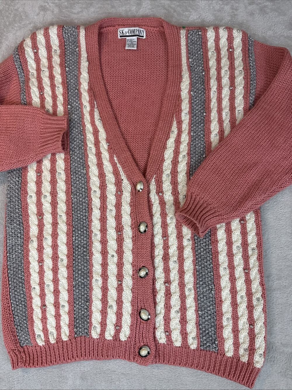 Vintage Grandma Cottage Cardigan Knit Sweater 90s Preppy Cable Embellished M